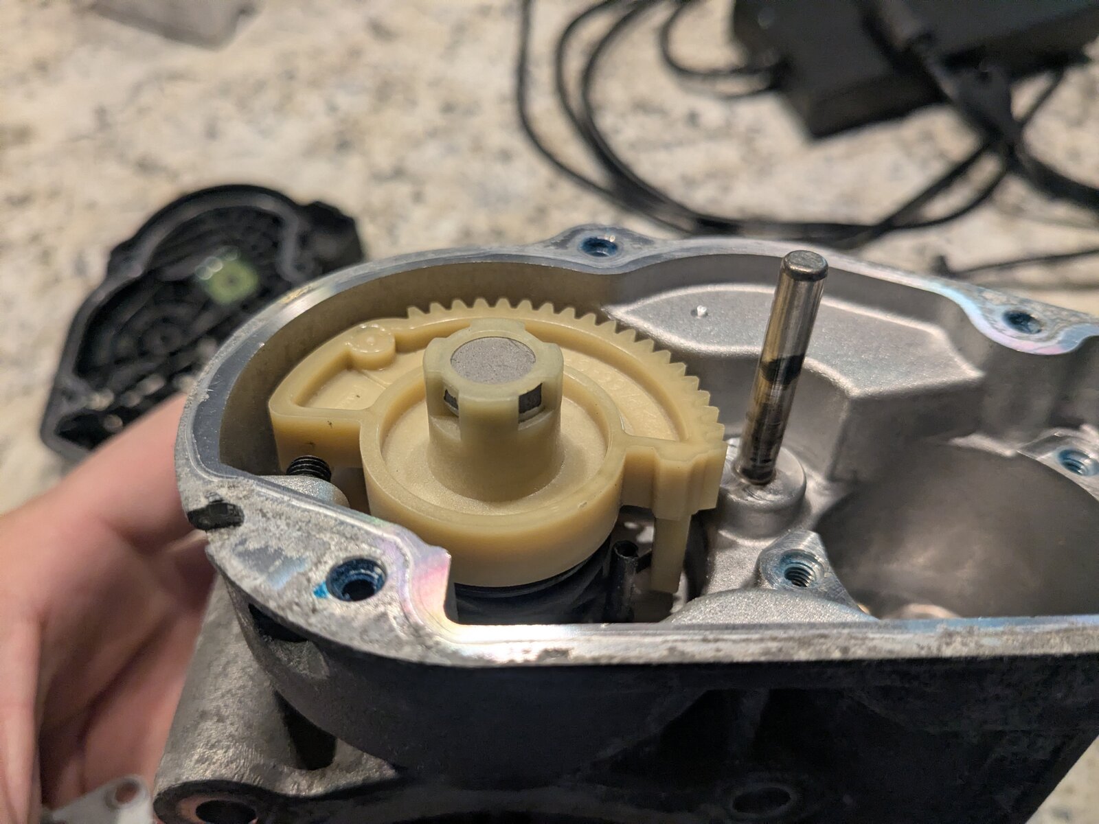 Interior of the throttle body housing with the cover removed, showing the tan plastic reduction gear train, a center magnet hub, and the throttle shaft with a locating pin.