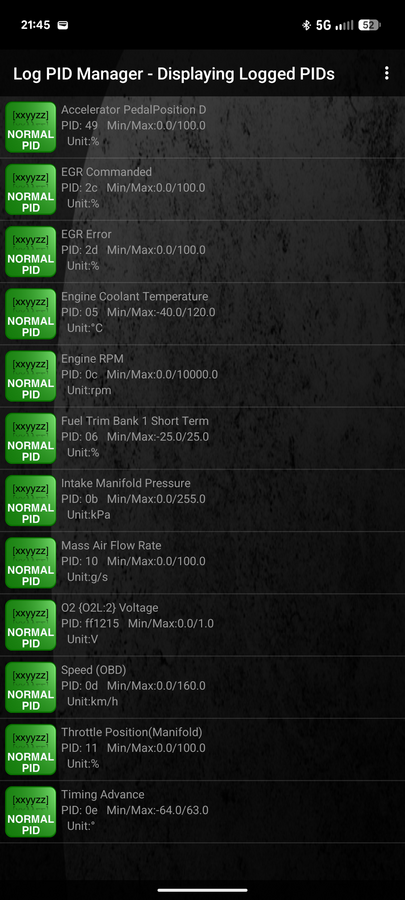 Screenshot of the phone-based OBD-II logger app's PID Manager, showing the narrowed active PID list used for later logging sessions.